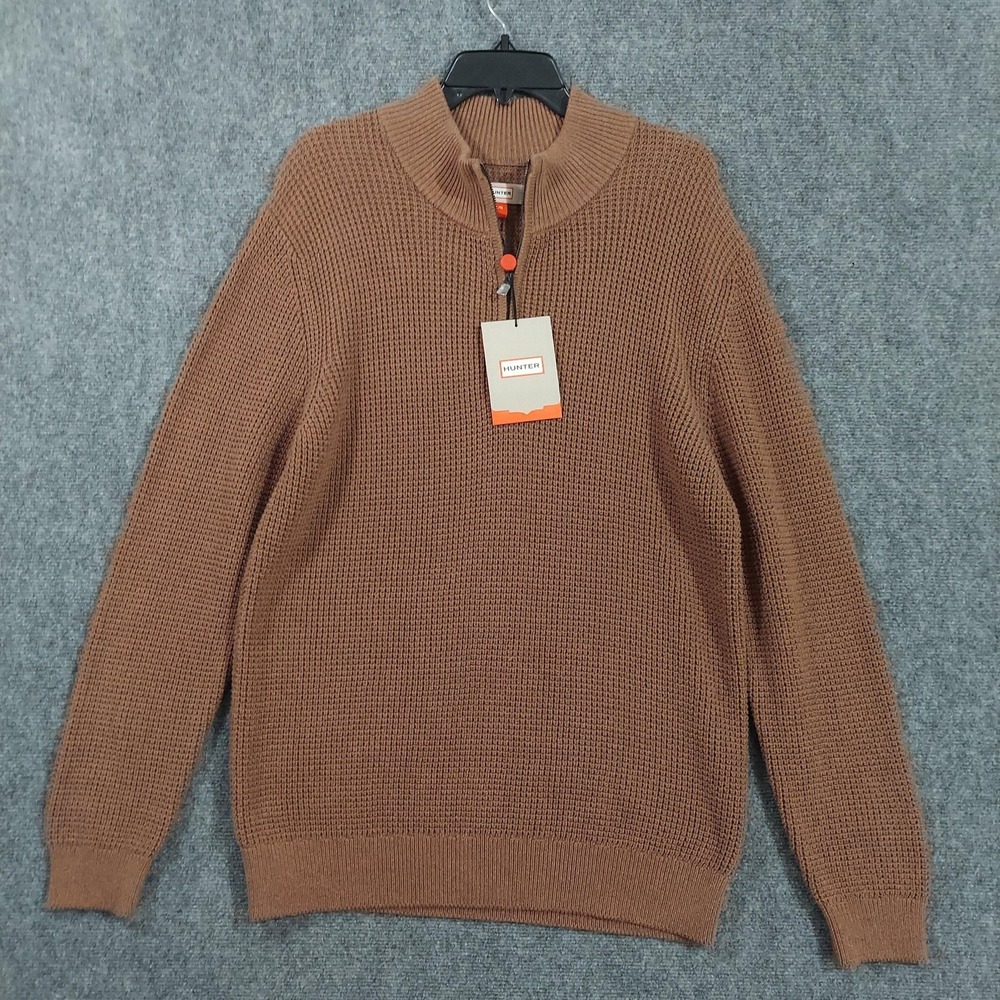 Hunter Sweater Mens Large‎ Brown Waffle Knit Quarter Zip Mock Neck Cotton Casual